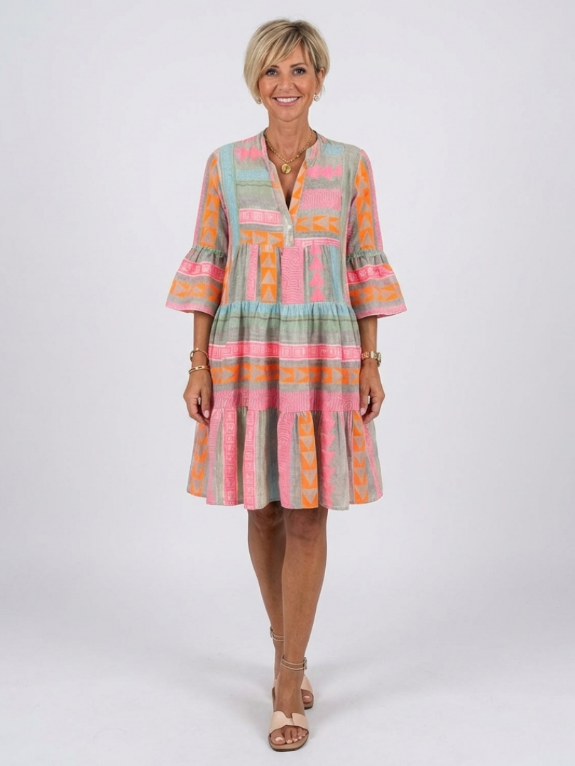 Maelle | Vestido de Longitud de Rodilla con Estampado Geométrico y Cuello en V