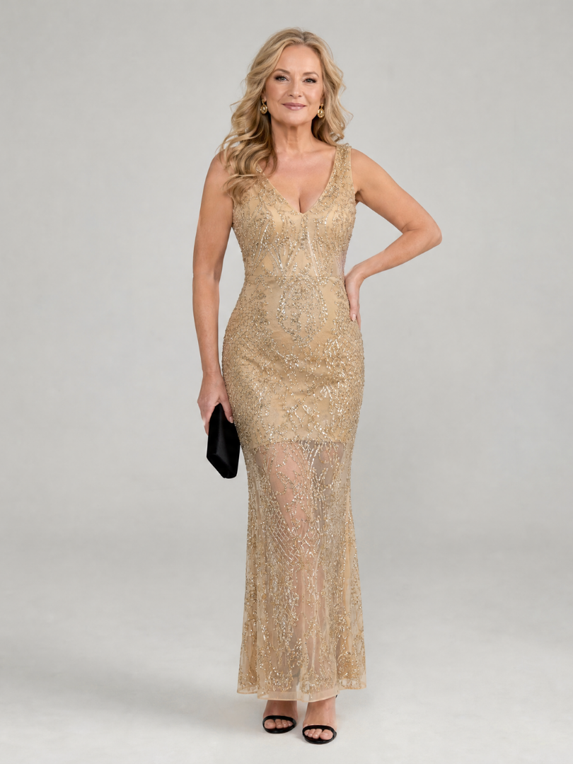 Sirea | Vestido midi sin mangas con lentejuelas y paneles transparentes