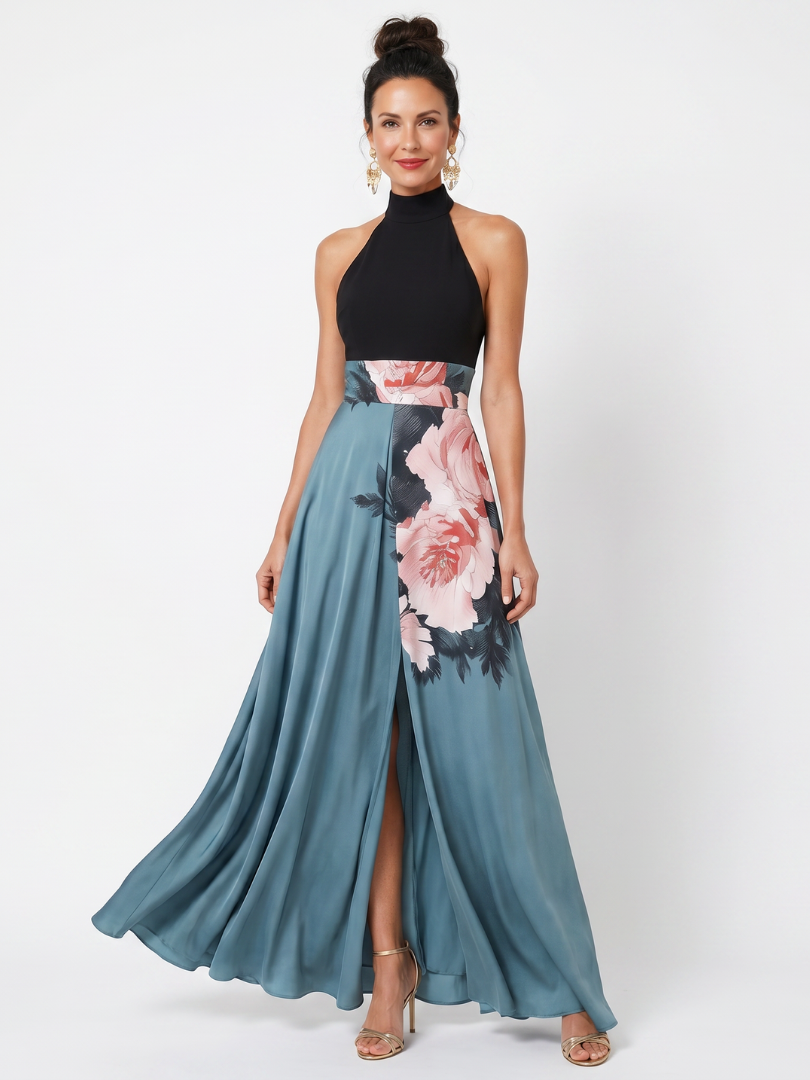 Olympas | Vestido largo con corpiño halter y falda floral
