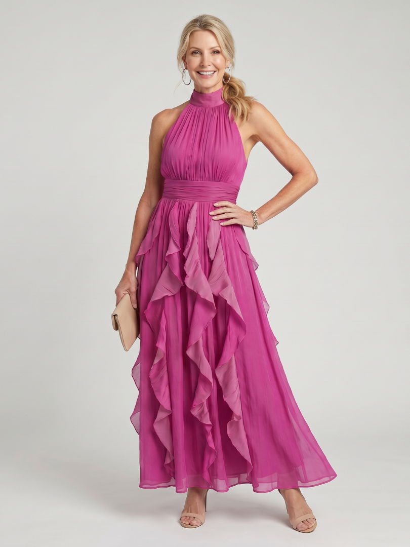 Orea | Vestido maxi halter alto con capas de volantes fruncidos