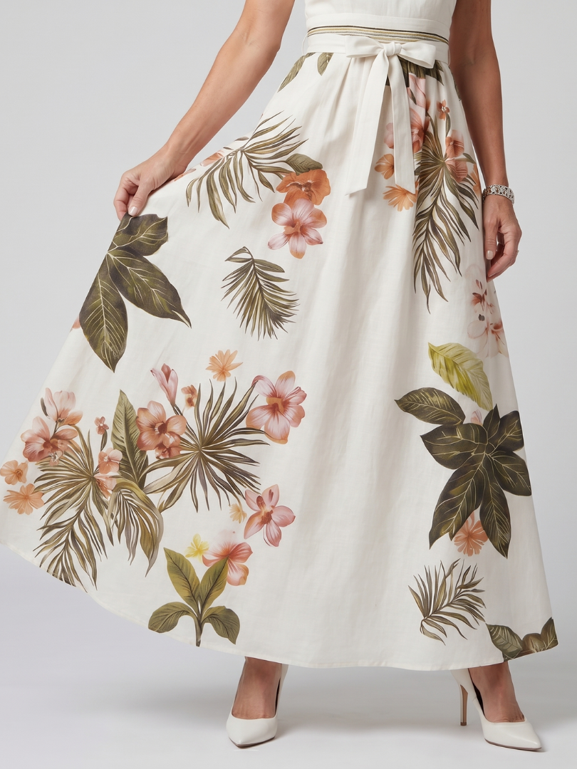 Meadow | Vestido maxi halter drapeado con panel botánico