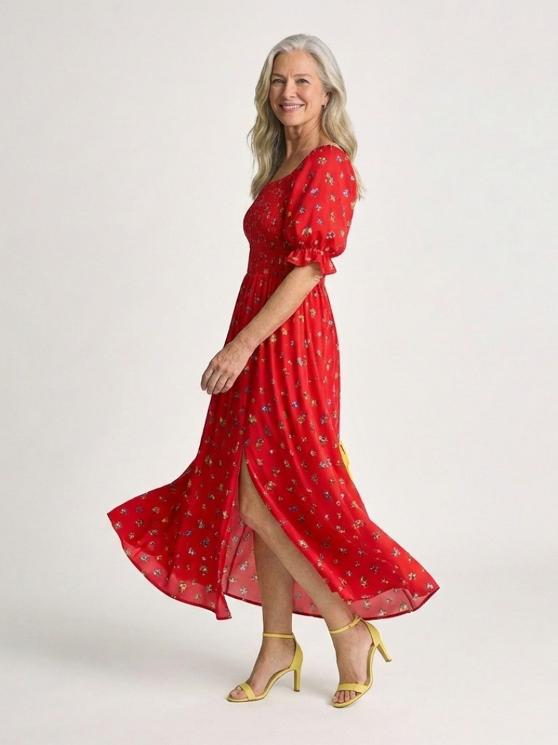 Delphine | Vestido Midi Floral de Cuello Cuadrado y Mangas Abullonadas