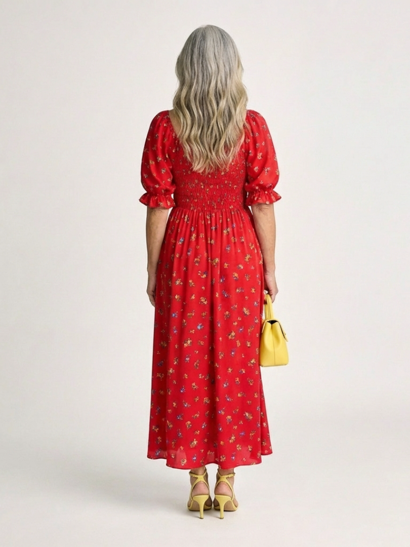 Delphine | Vestido Midi Floral de Cuello Cuadrado y Mangas Abullonadas