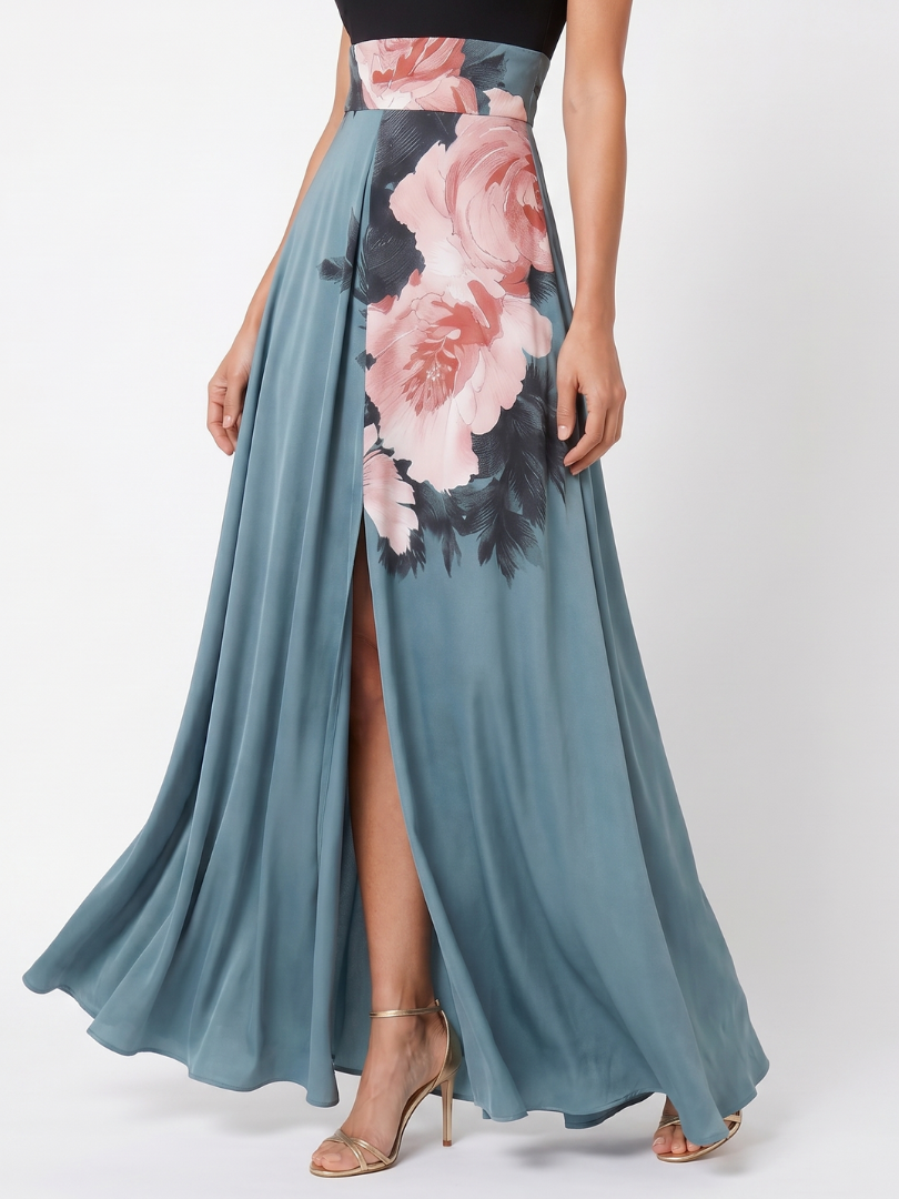 Olympas | Vestido largo con corpiño halter y falda floral