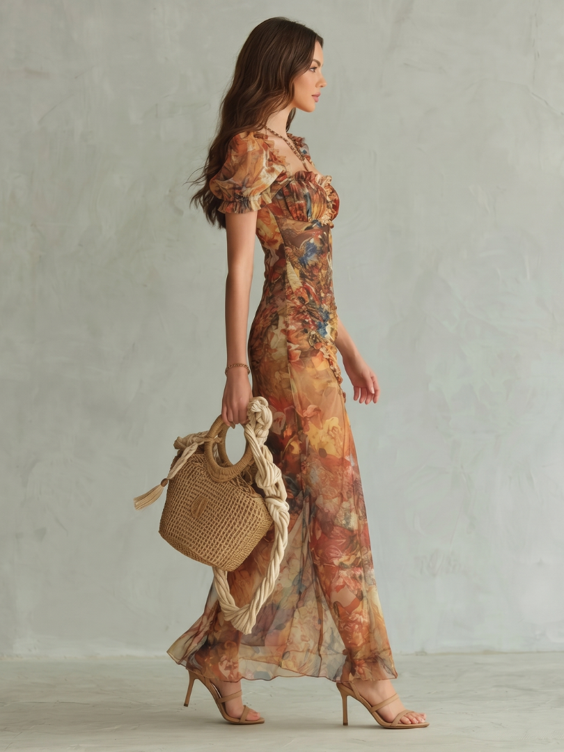 Ciel | Vestido midi entallado con manga de volante y abertura