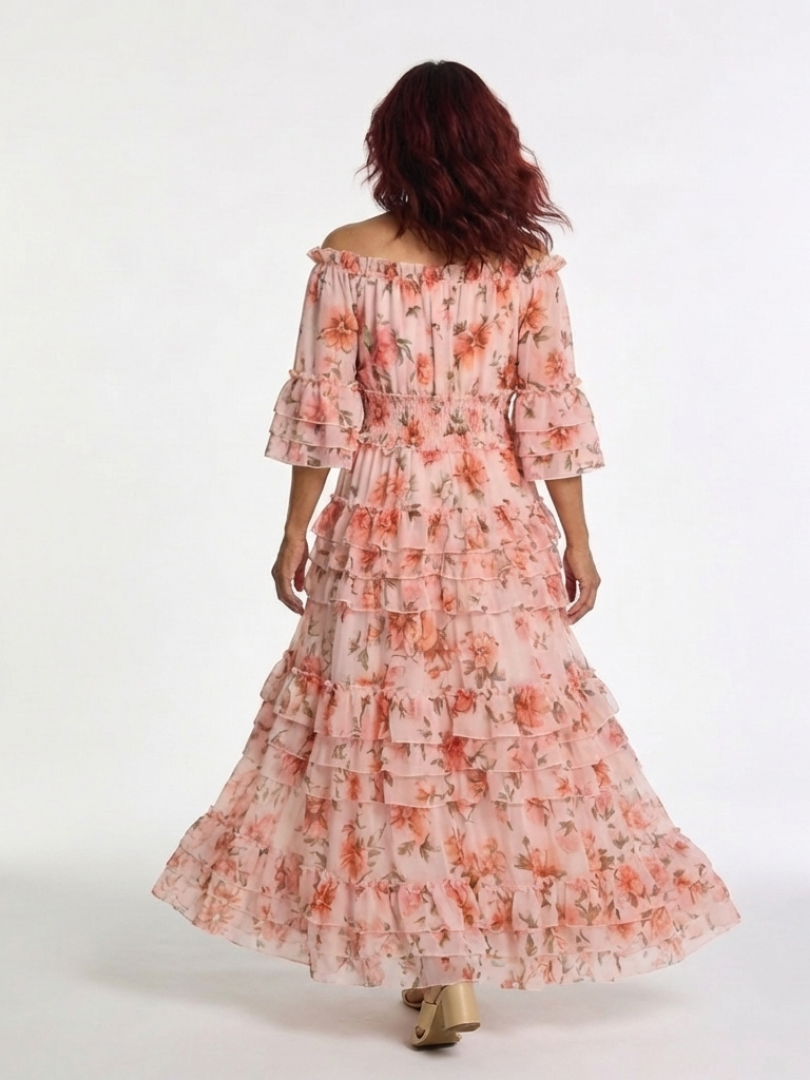 Rosalie | Vestido Maxi de Volantes Florales con Hombros Descubiertos