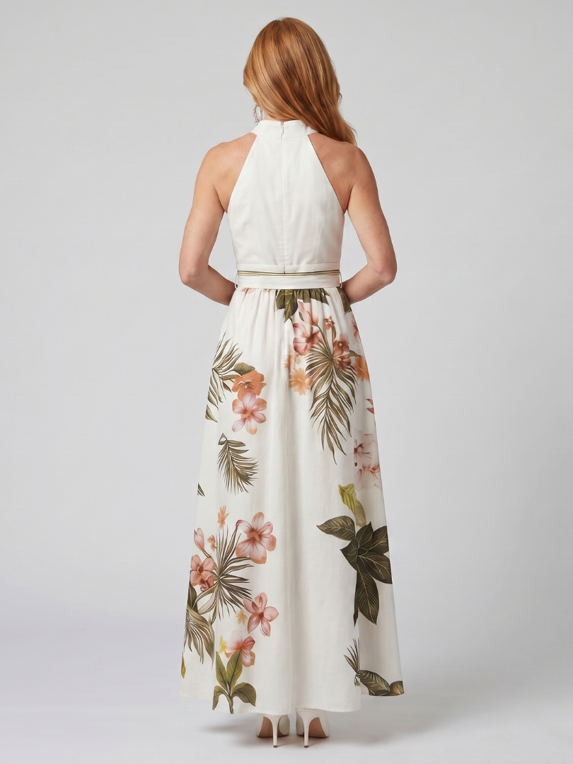 Meadow | Vestido maxi halter drapeado con panel botánico