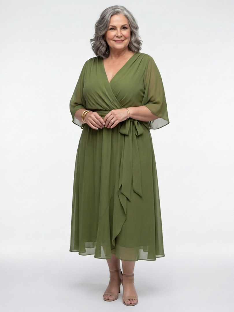 Elysia | Vestido Midi con Cintura Drapada y Escote en V