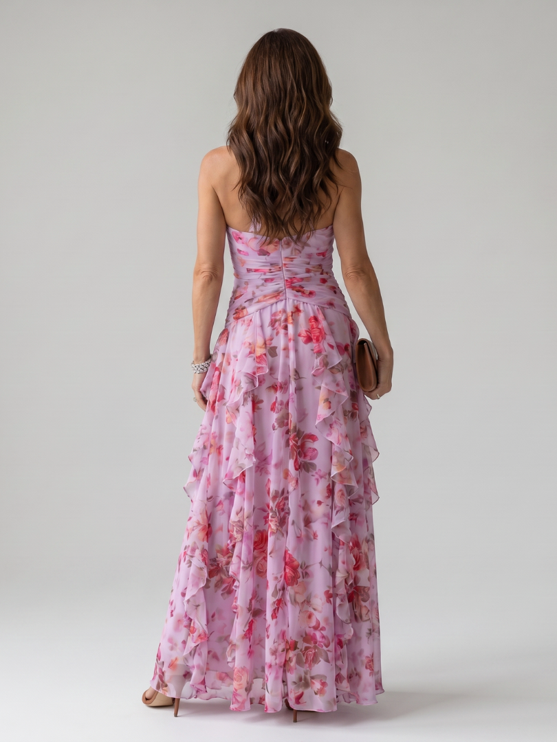 Nori | Vestido maxi floral con corpiño fruncido y escote halter
