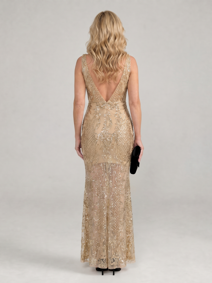 Sirea | Vestido midi sin mangas con lentejuelas y paneles transparentes