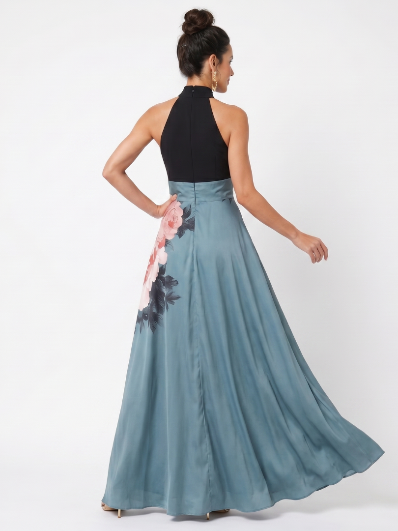 Olympas | Vestido largo con corpiño halter y falda floral