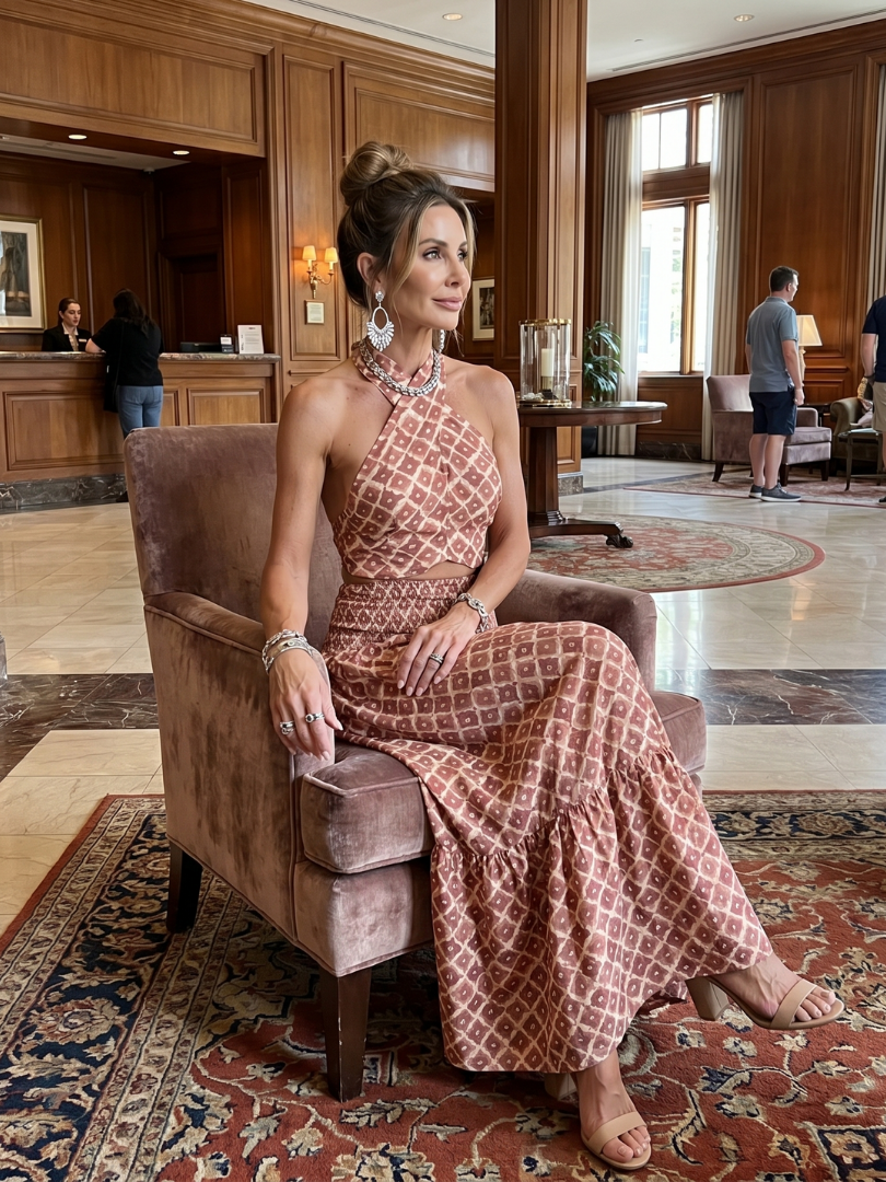 Amira | Vestido midi halter cruzado con abertura y estampado geométrico
