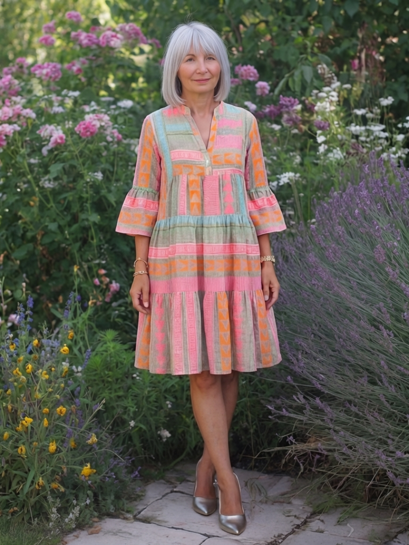 Maelle | Vestido de Longitud de Rodilla con Estampado Geométrico y Cuello en V