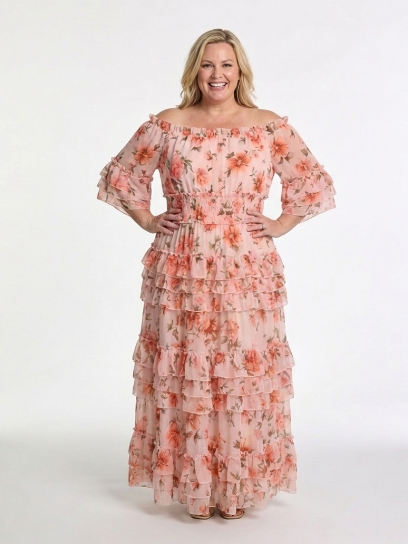 Rosalie | Vestido Maxi de Volantes Florales con Hombros Descubiertos