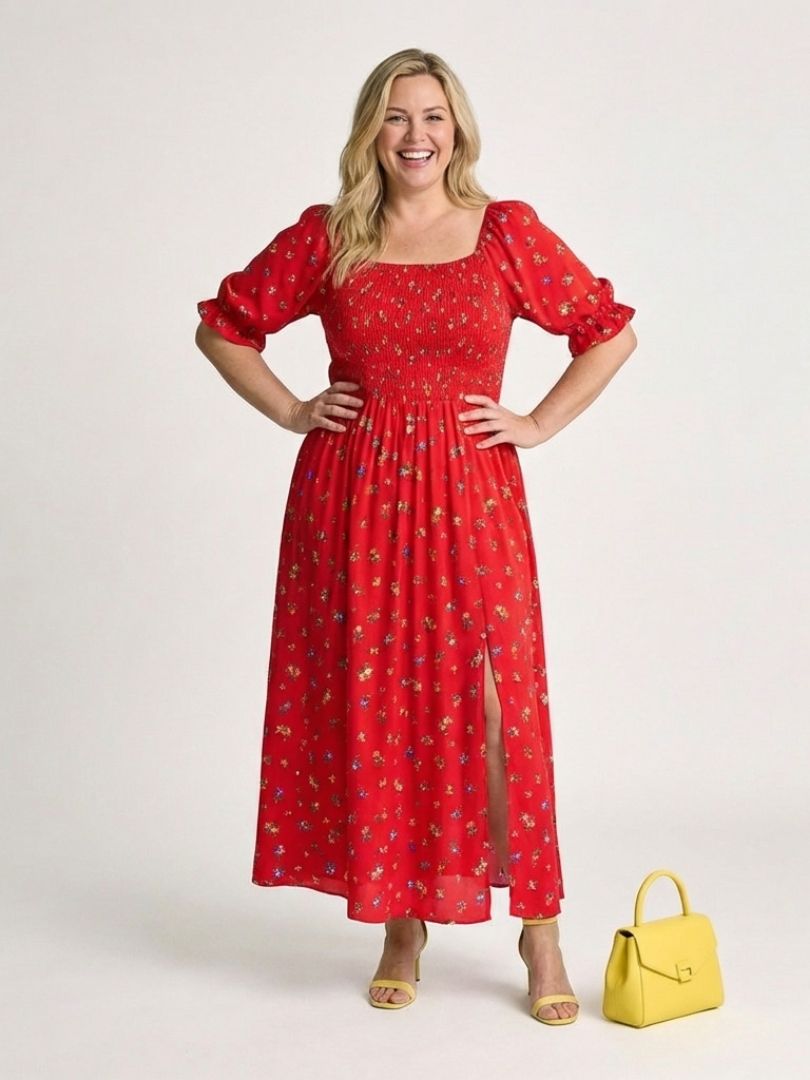 Delphine | Vestido Midi Floral de Cuello Cuadrado y Mangas Abullonadas