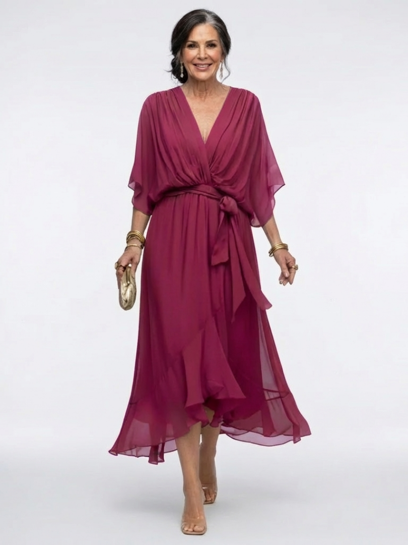 Elysia | Vestido Midi con Cintura Drapada y Escote en V