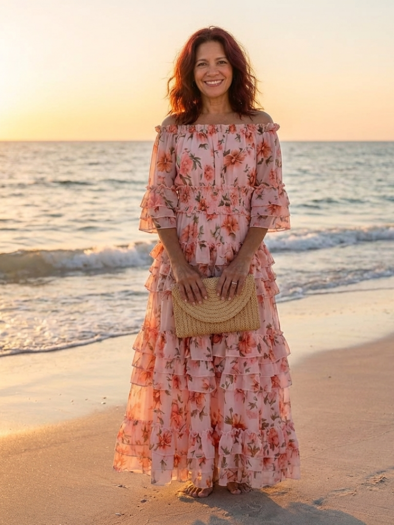 Rosalie | Vestido Maxi de Volantes Florales con Hombros Descubiertos