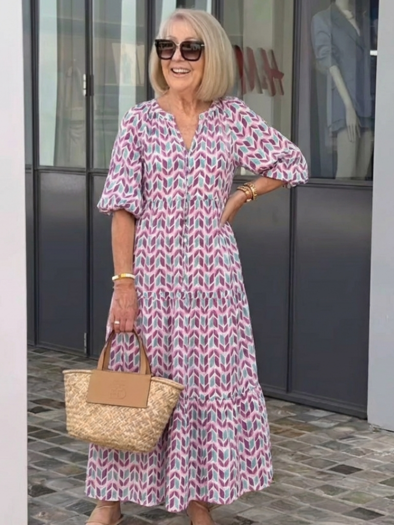 Mireya | Vestido Midi de Manga Larga con Estampado Geométrico