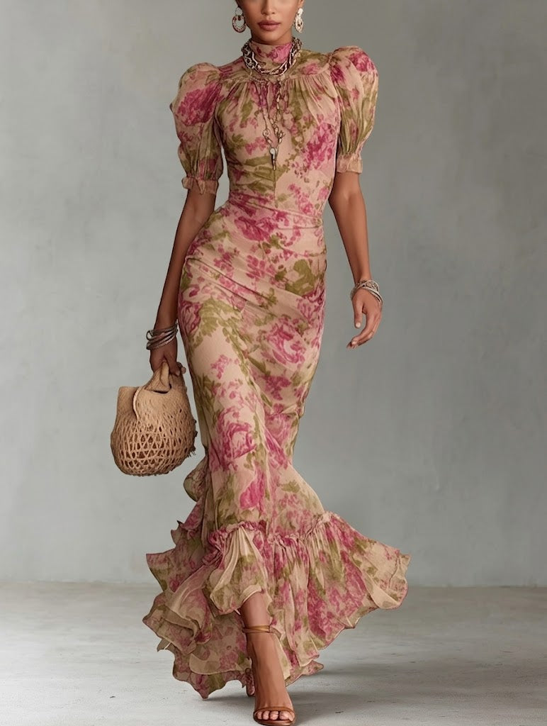 Fiora - Vestido largo con estampado de rosas vintage y mangas abullonadas