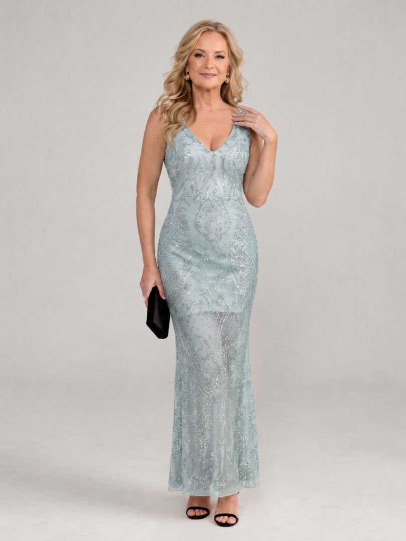 Sirea | Vestido midi sin mangas con lentejuelas y paneles transparentes