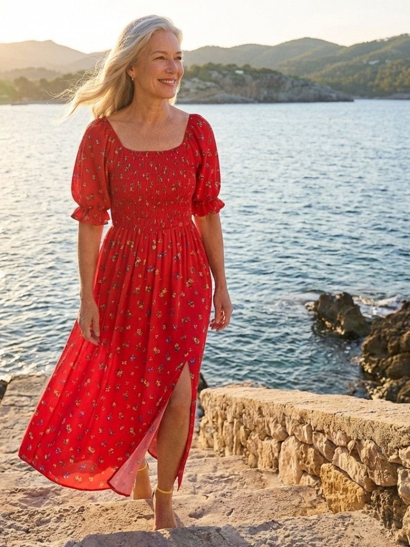 Delphine | Vestido Midi Floral de Cuello Cuadrado y Mangas Abullonadas
