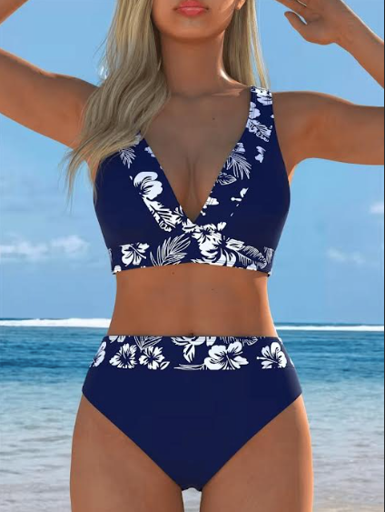 Bikini Profundo V Azul Blanco Impreso Triángulo