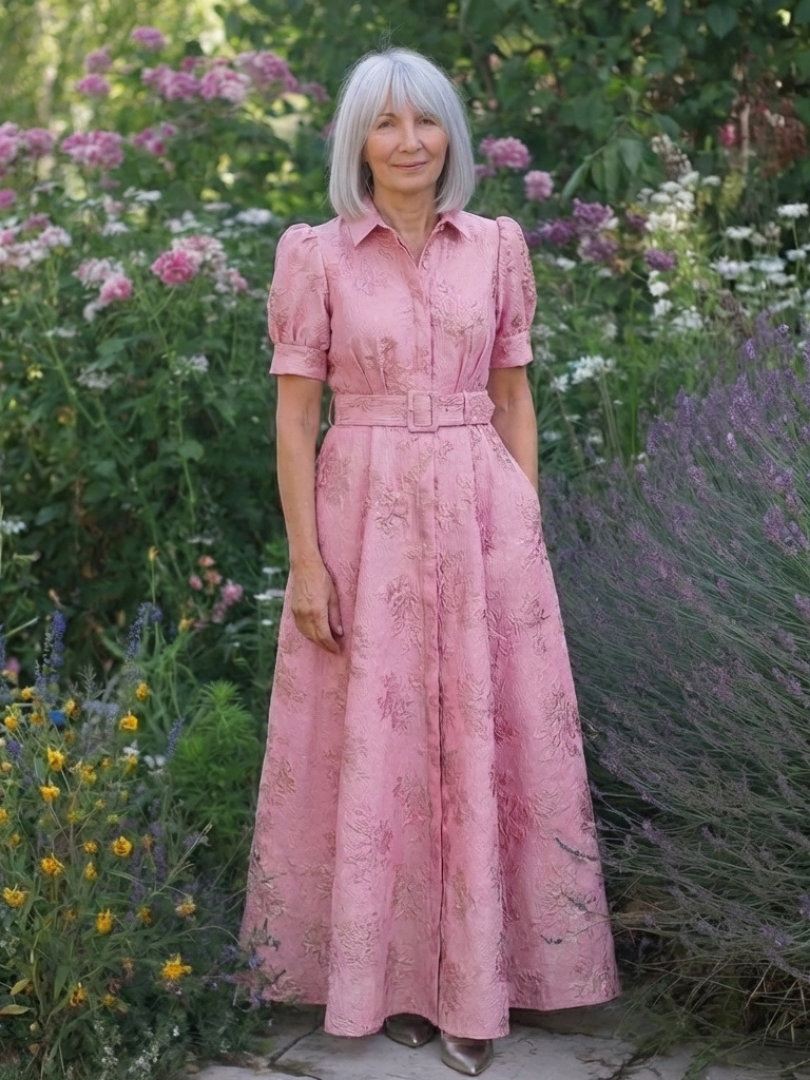 Xanthea | Vestido Camisón Largo Floral Texturizado con Manga Corta y Cinturón