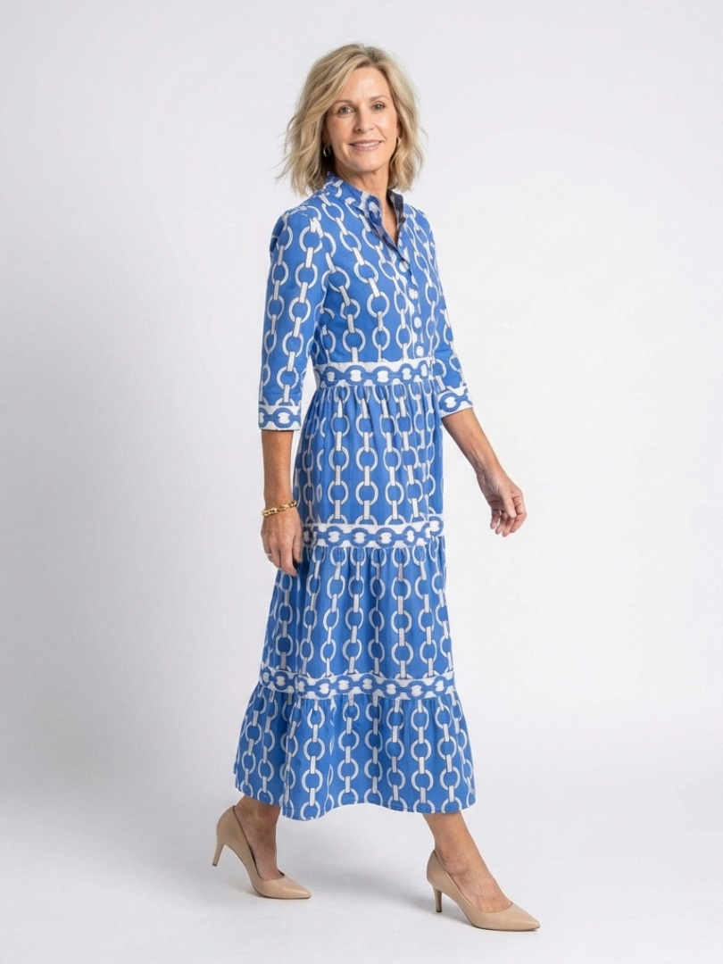 Ysolde | Vestido Midi con Manga Tres Cuartos y Patrón de Cadena