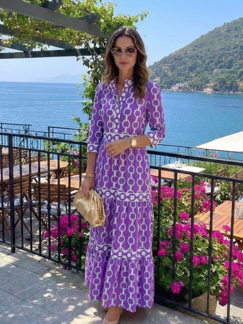Ysolde | Vestido Midi con Manga Tres Cuartos y Patrón de Cadena