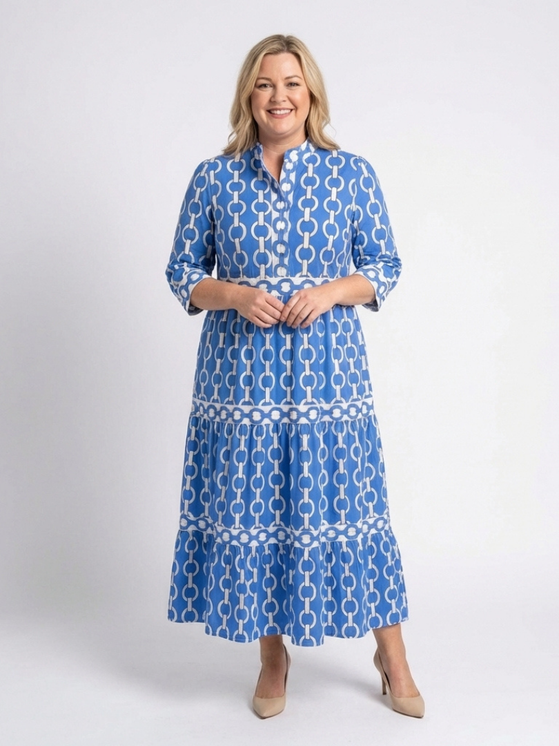Ysolde | Vestido Midi con Manga Tres Cuartos y Patrón de Cadena
