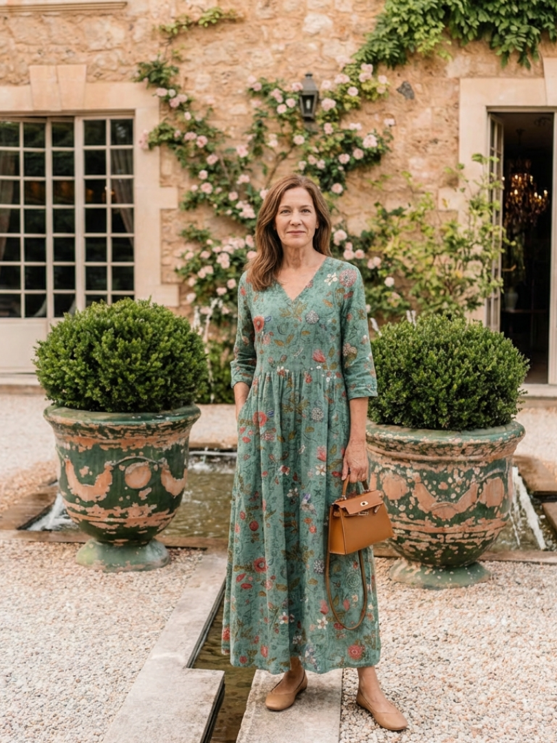 Marina | Vestido Maxi de Manga Tres Cuartos con Escote en V Floral