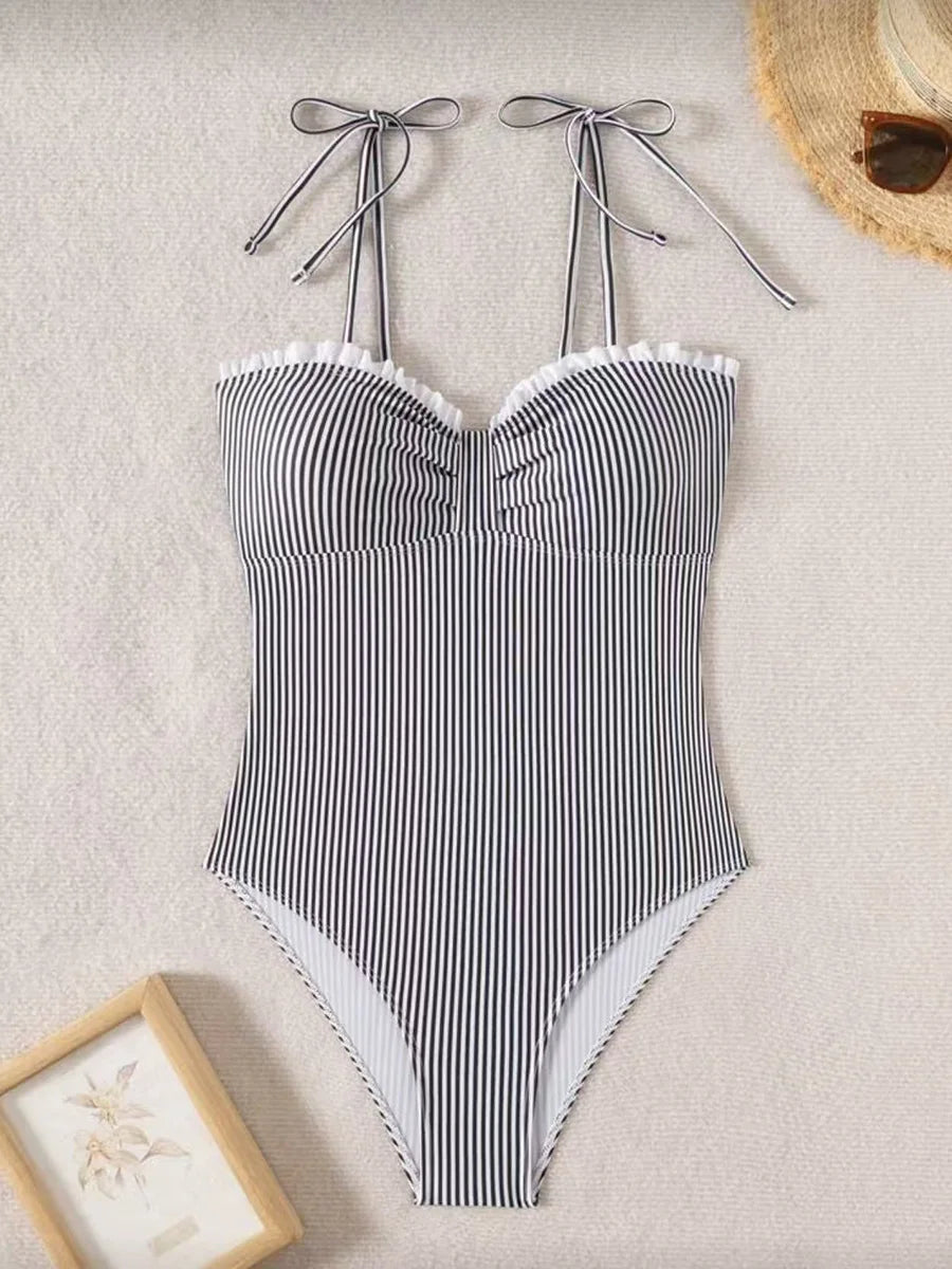 Bañador Moldeador de Rayas con Escote Fruncido