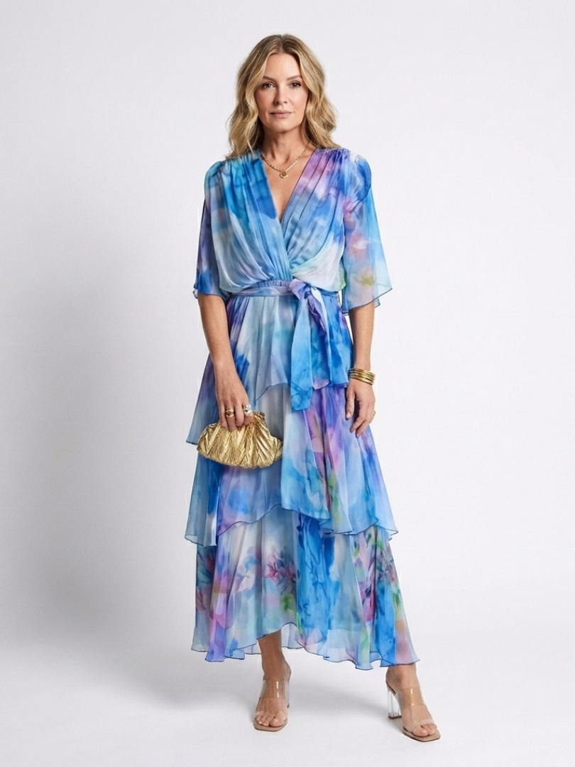 Calista | Vestido Maxi de Capa Transparente con Escote en V y Cintura con Corbata