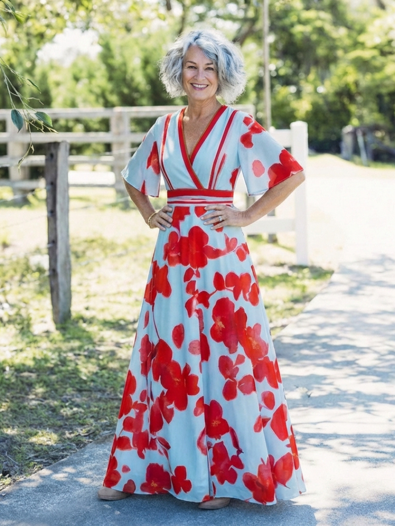 Corinne | Vestido Maxi Floral de Manga Corta con Escote en V