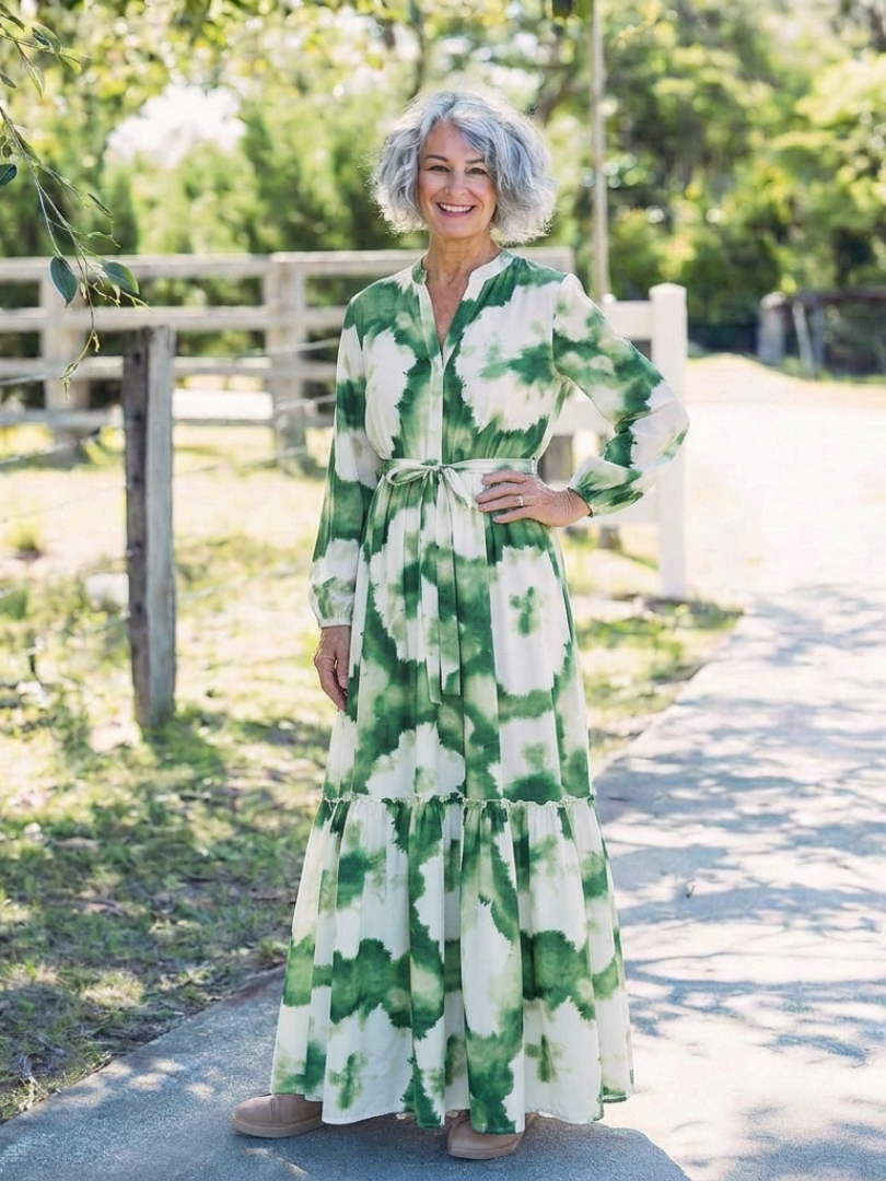 Sabine | Vestido Maxi de Manga Larga con Cintura Ajustable y Volantes