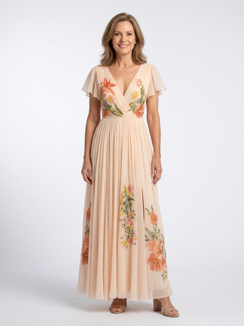Calista | Vestido Maxi Floral con Manga Corta y Escote en V