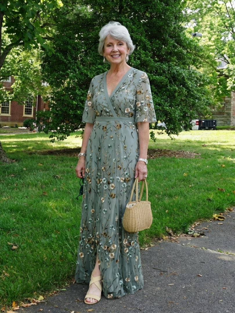 Evadne | Vestido Maxi de Manga Corta con Escote en V Floral