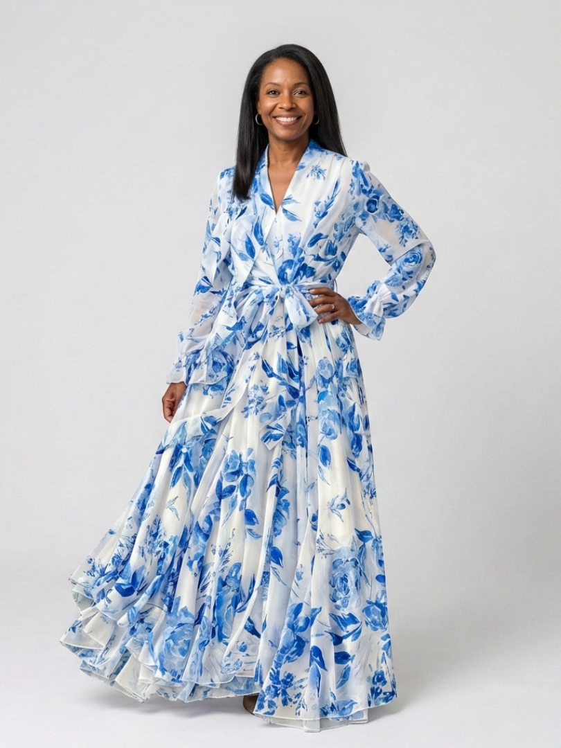 Lillian | Vestido Maxi Envoltura Floral de Manga Larga
