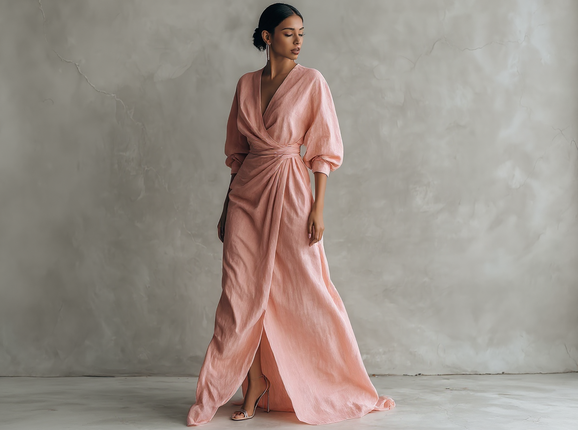 Maxi vestido minimalista rosa con escote en V de lino mezclado para mujer