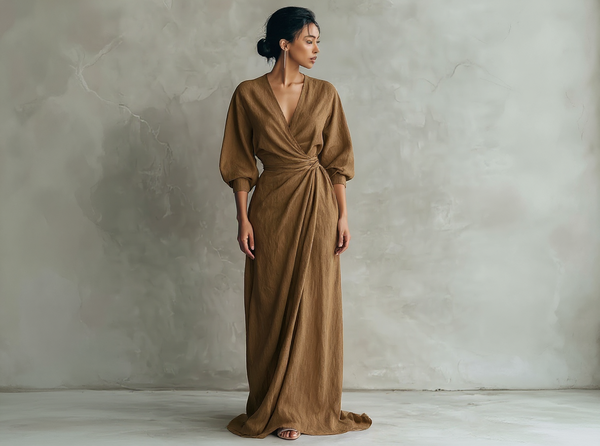 Maxi vestido minimalista rosa con escote en V de lino mezclado para mujer