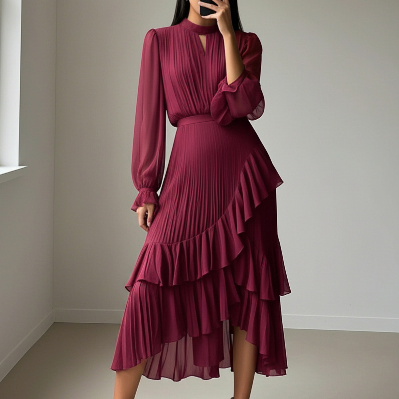 Vestido midi plisado con volantes